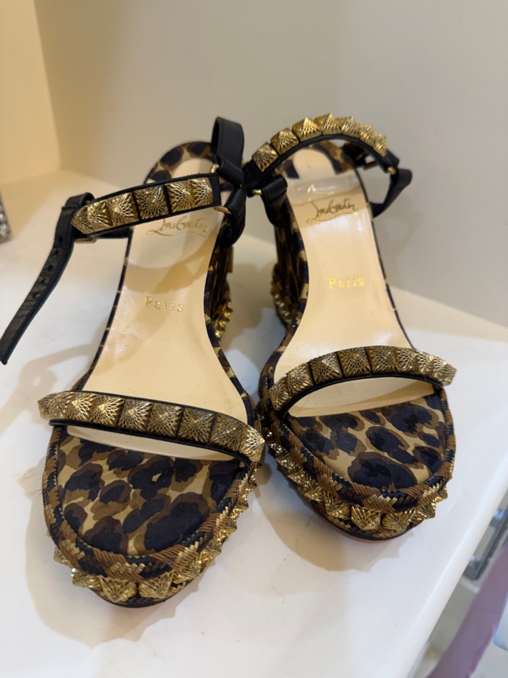 Christian Louboutin Leopard Print Wedge Sandals with Black Straps and Gold Trim - Picture 2 of 3
